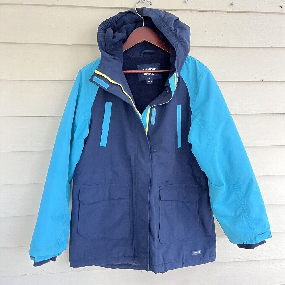 LANDS END Kids Squall Waterproof Insulated Winter Parka, Navy/Teal- Size L (14+)